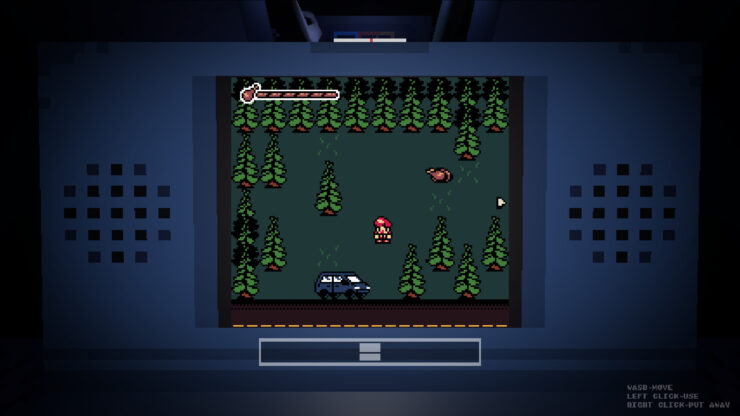 the deadseat - A protagonist wanders a forest in an NES-style game being played on a DS-like console.