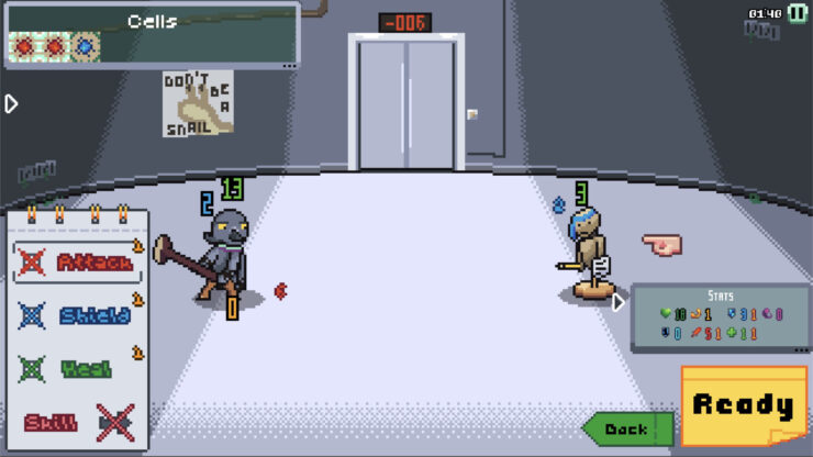 Parasitic Business - A pigeon with a broom squares off against a training dummy.
